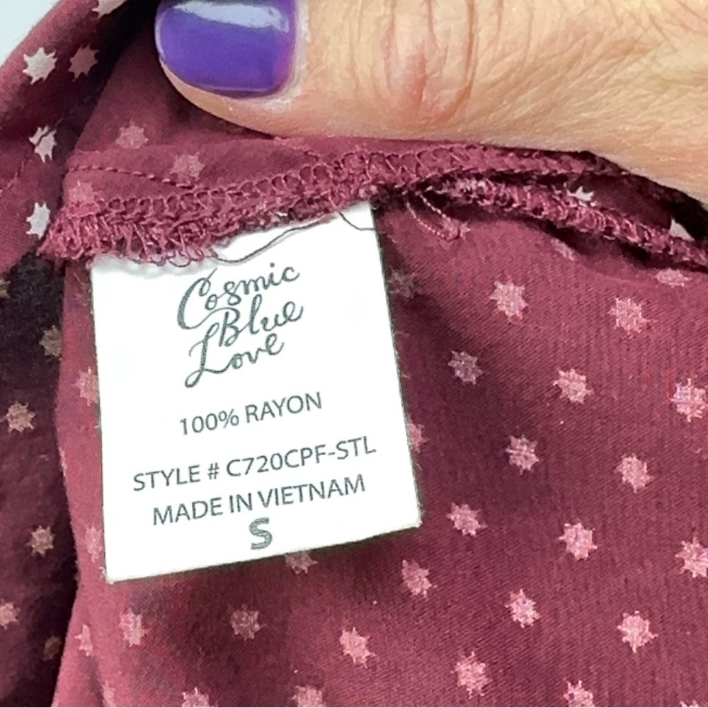 Women's Half-Button Blouse Top Maroon with White Starburst Dots Cosmic Blue Love - Picture 5 of 6